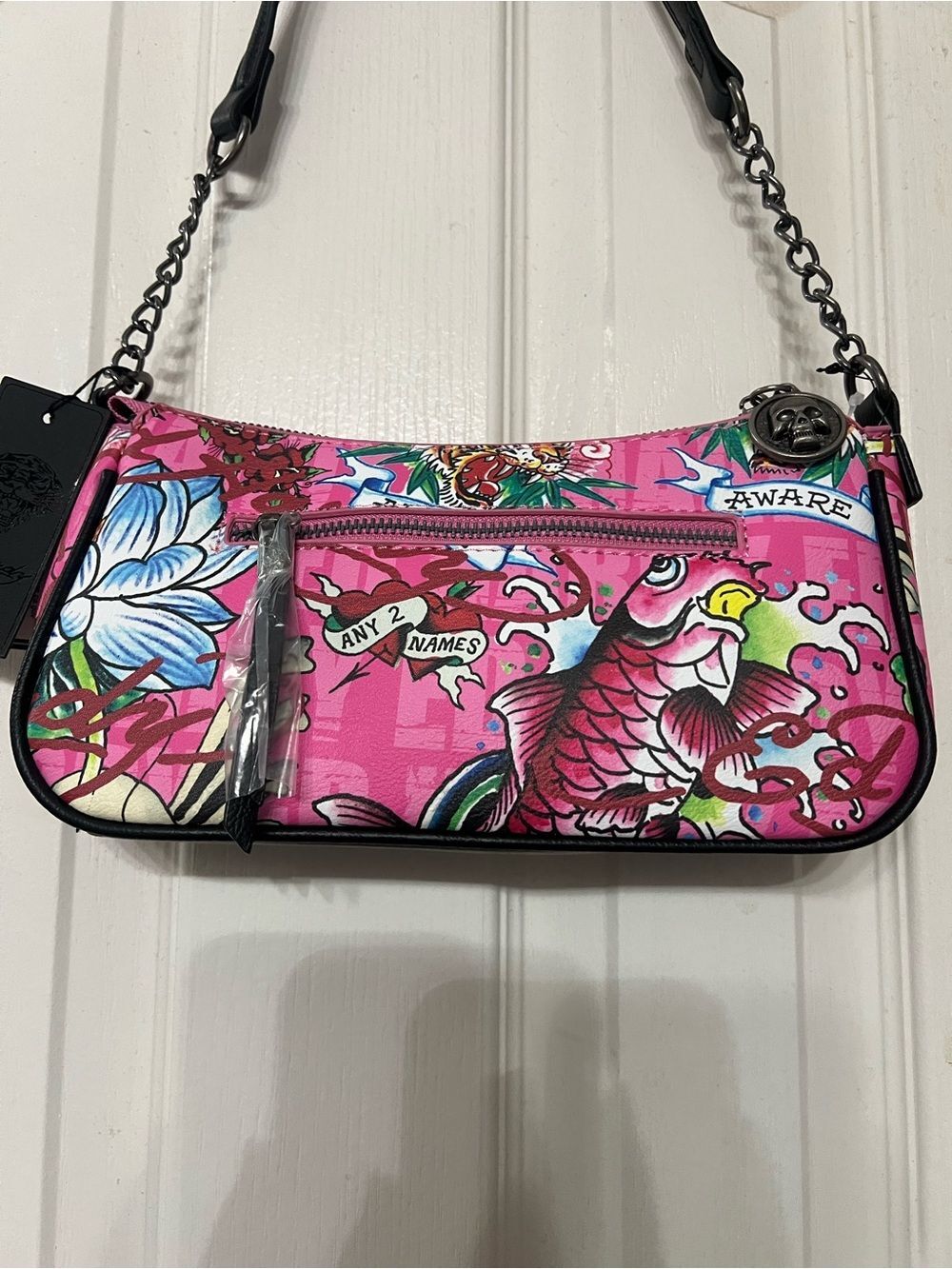 Ed Hardy Love Kills Slowly Pink Shoulder Bag NWT Y2K Skull Purse 10x5x2in - Picture 6 of 11